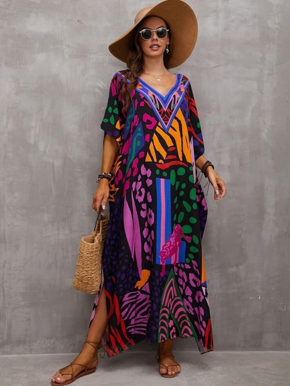 Vivid Multi-Color V-Neck Kaftan Dress Cover Up